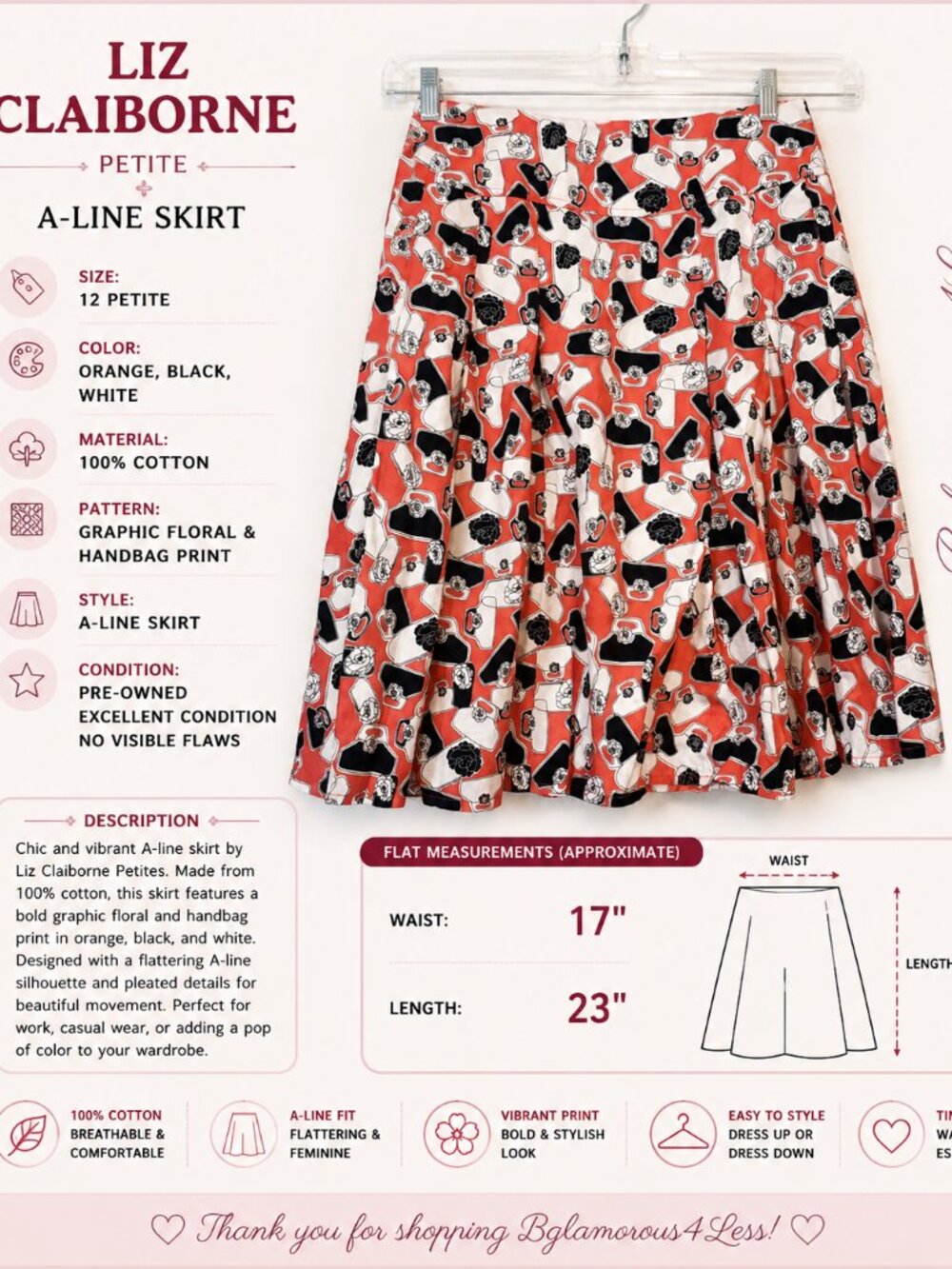 Liz Claiborne 12P A-Line Skirt Orange Black White Graphic Print 100% Cotton